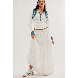 Free People Wednesday Polo Tee Blouse Top Long Sleeve Contrast Ivory M 281801
